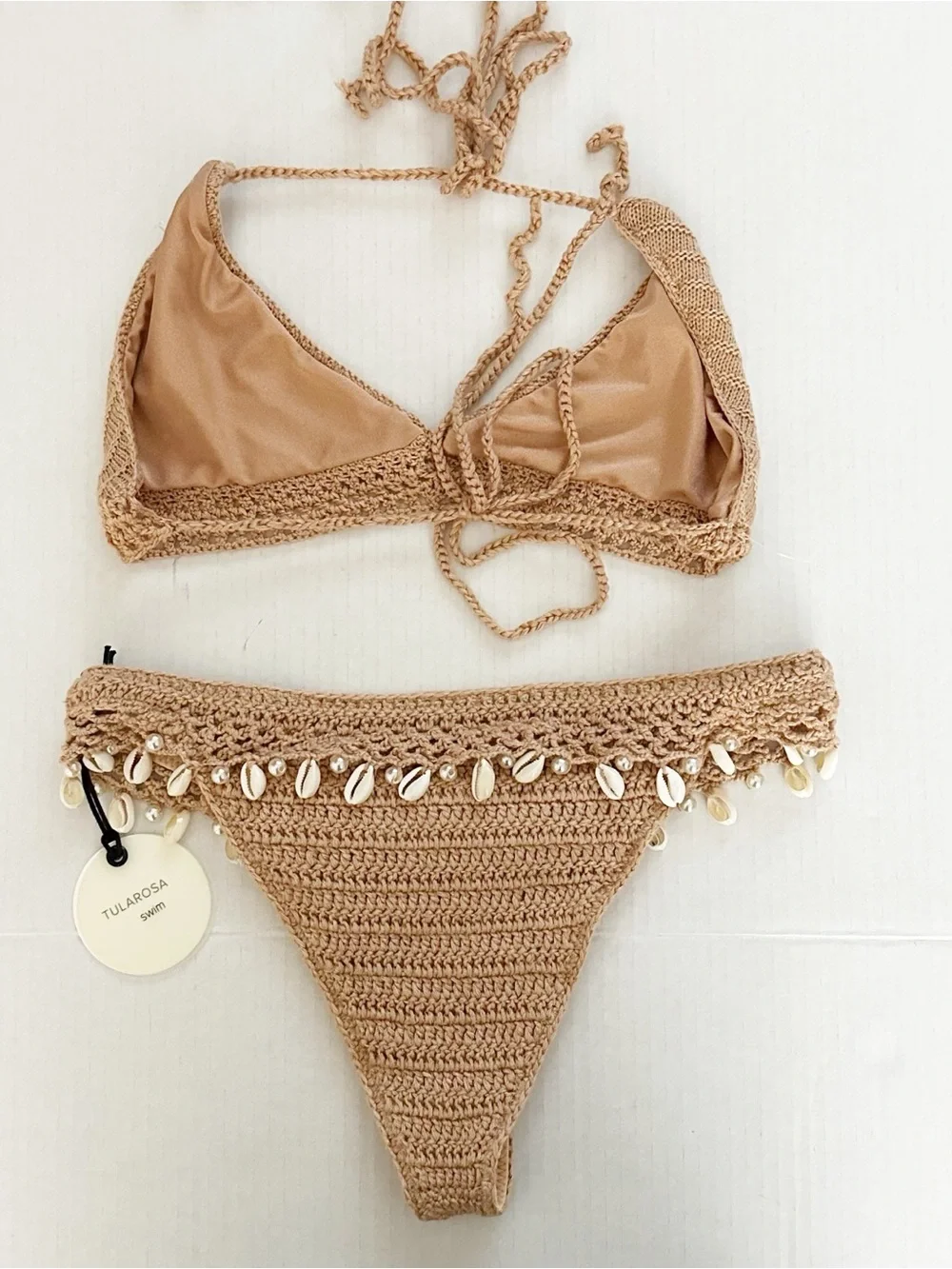 TULAROSA Drippin Crochet Shell Embellished Swim Bikini Bottom NWT Small Top